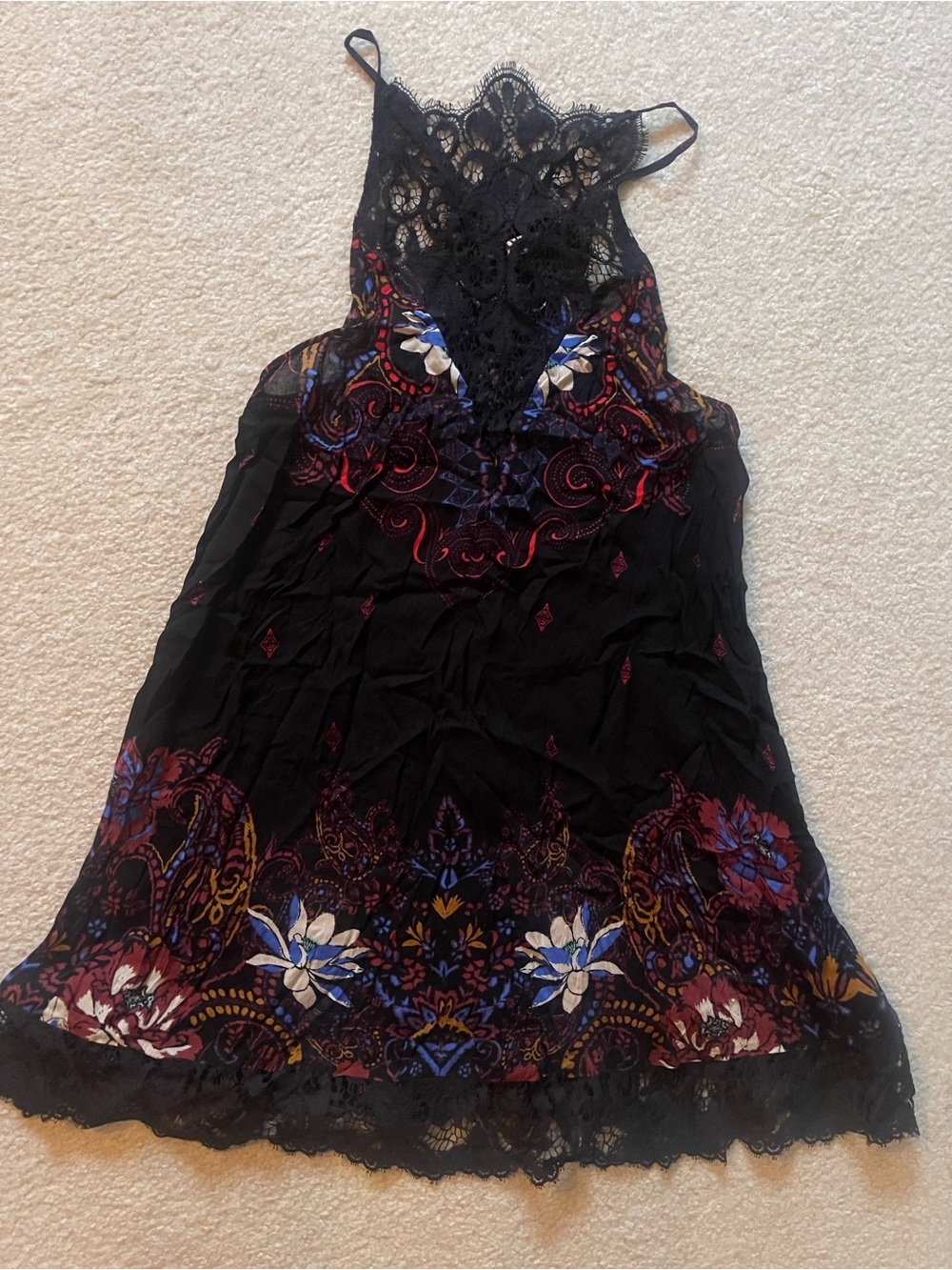 Free People Black Lace-Trim Floral Mini Dress with Blue & Burgundy Accents
